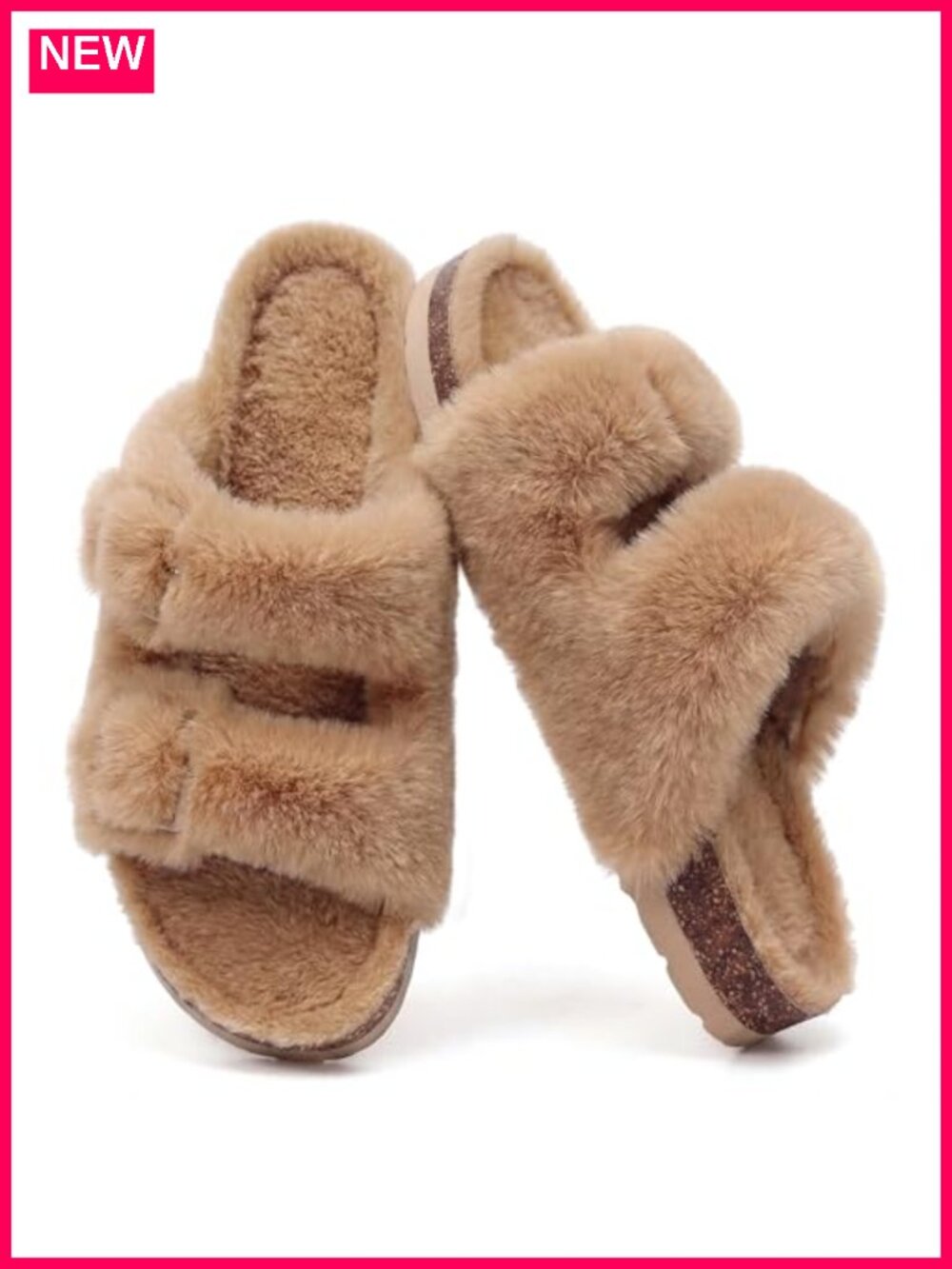 Women's Fuzzy Faux Fur Slide Slippers with Cork Footbed House Shoes